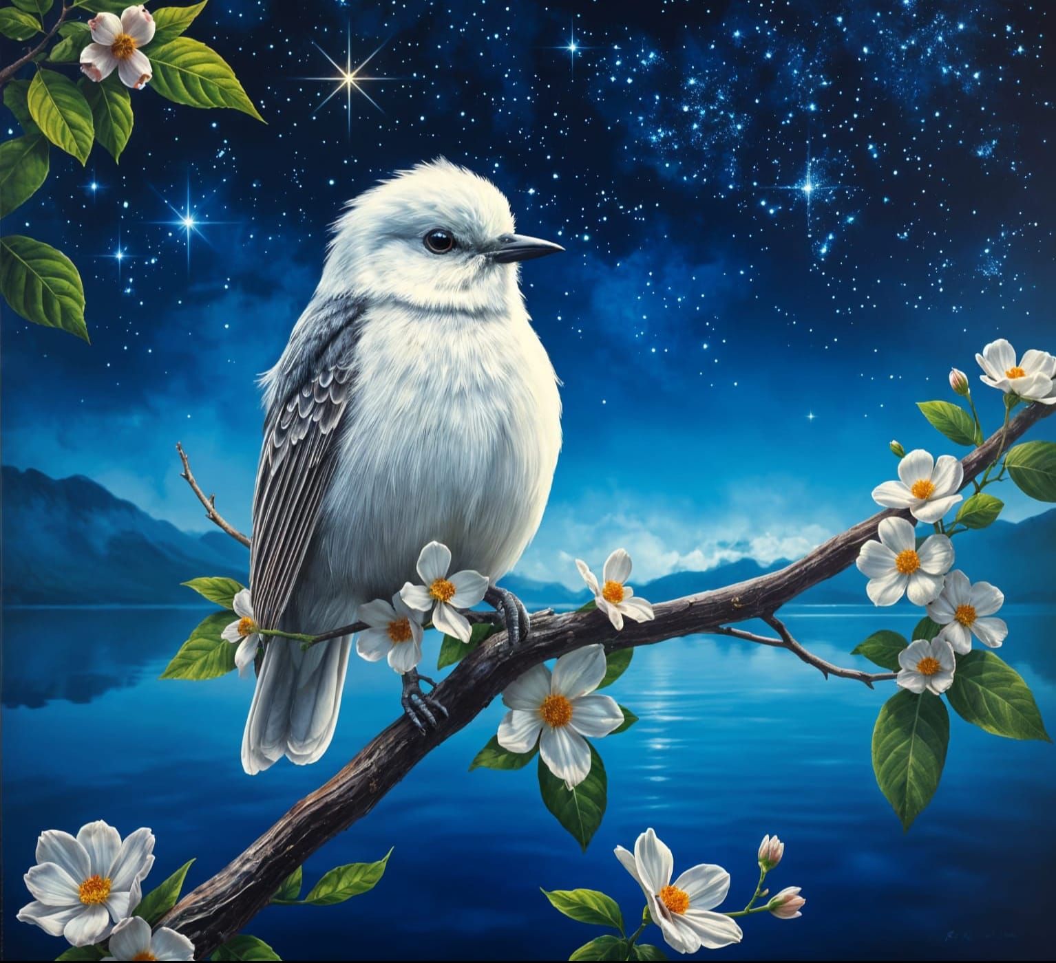 White Nightingale in Starry Night, Astral Cosmic Oil Paintin...