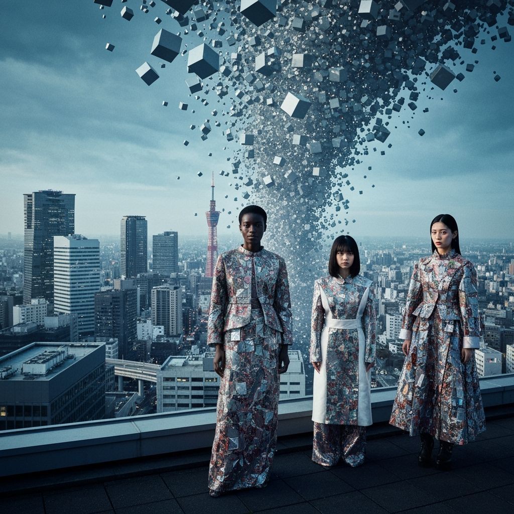 Yokohama Skyscraper Rooftop Amidst Geometric City Collapse