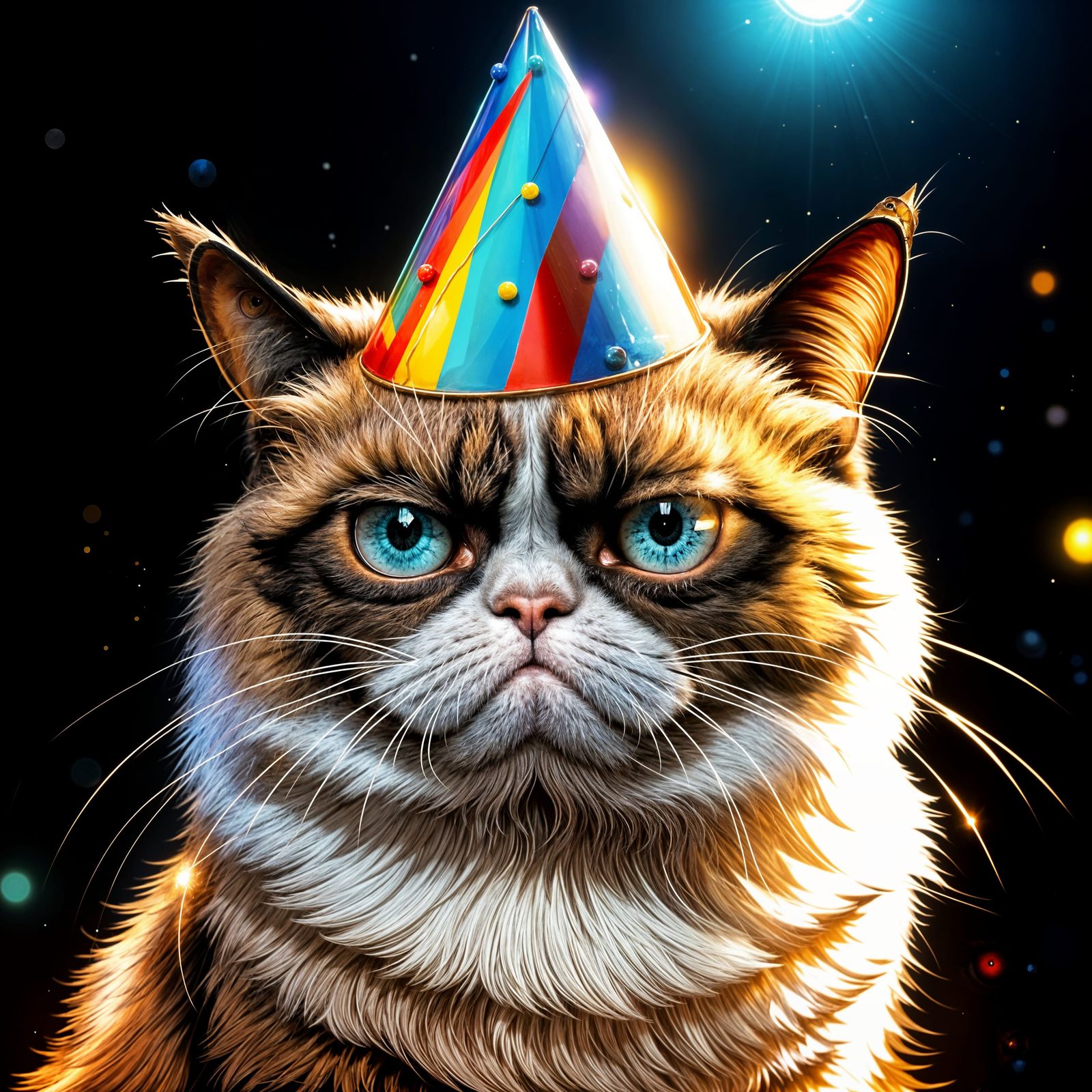 Grumpy Cat Caricature with Party Hat in Dynamic Lighting