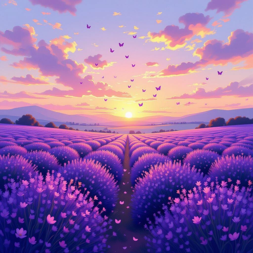 Lavender Fields at Dawn in Art Nouveau Style
