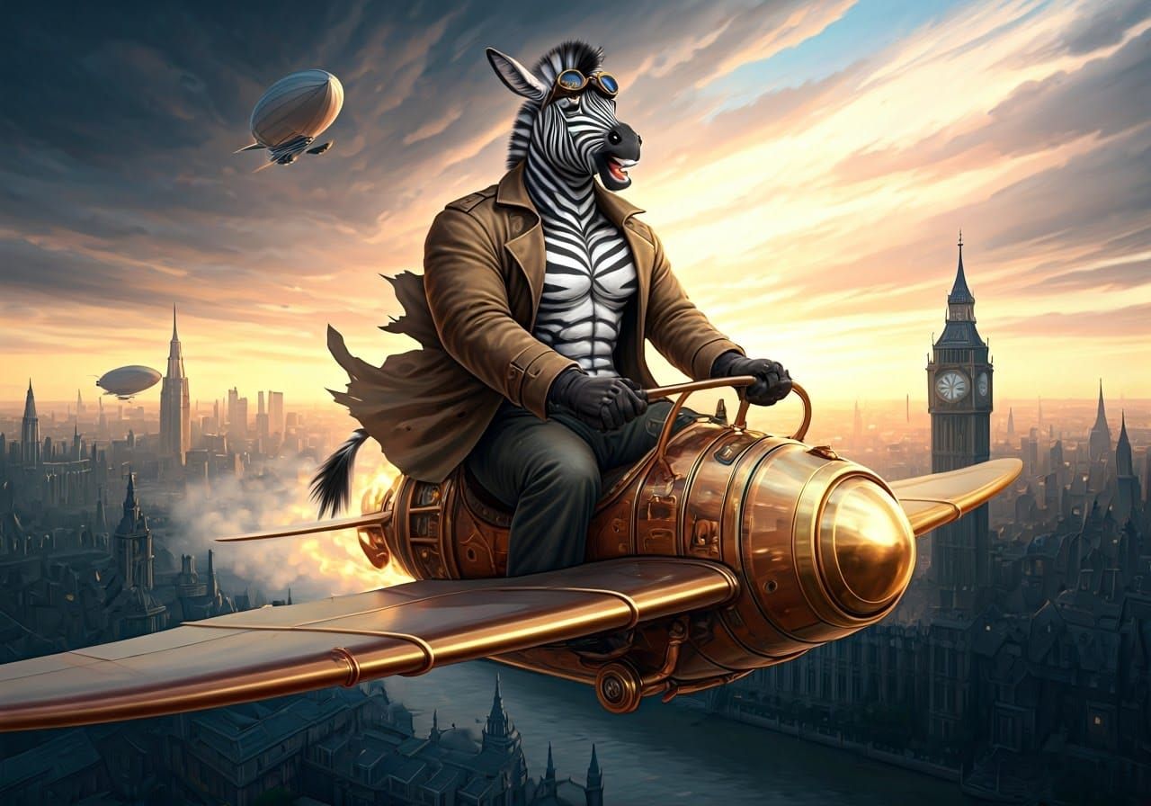 Steampunk London Zebra Soars on Mechanical Glider