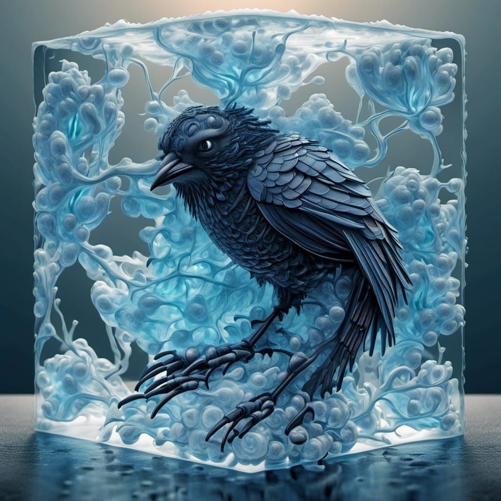 Bioluminescent Raven in Ice Cube with Double Exposure