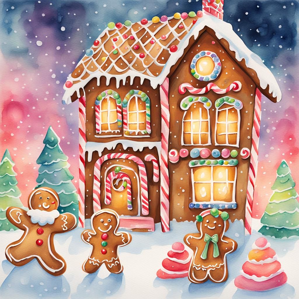 Whimsical Watercolor Gingerbread House Scene