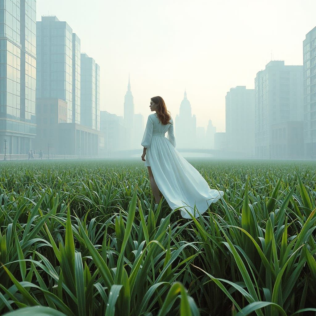 Ethereal Ink Drawing of Woman in Cityscape