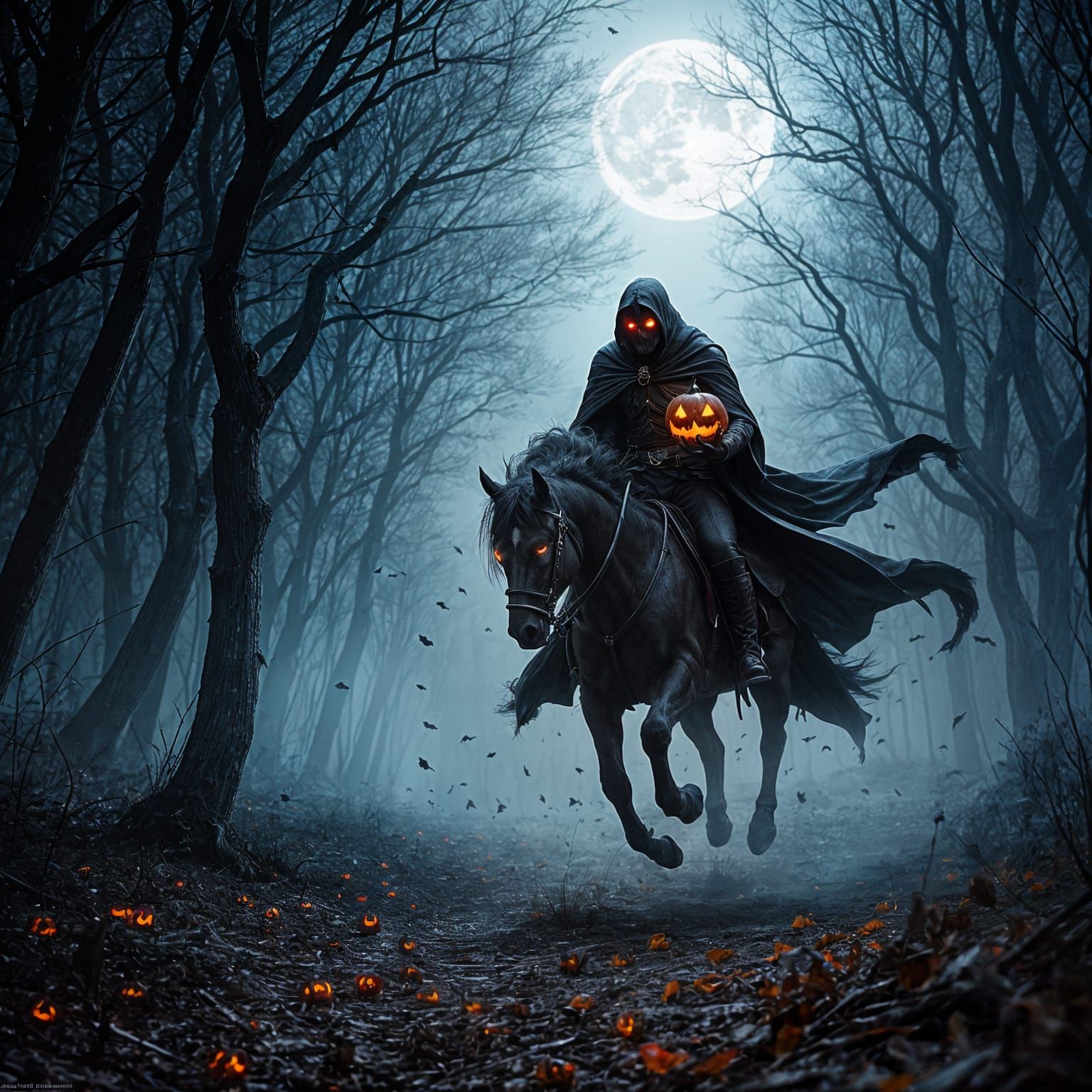 The legendary Headless Horseman galloping through a misty autumn forest at twilight, his black cape billowing behind him...
