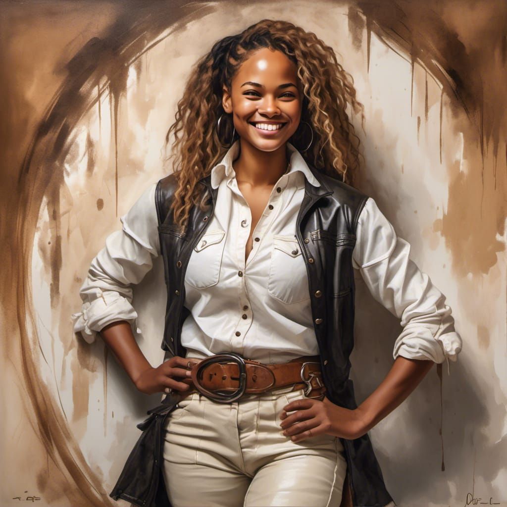 Smiling Woman in Leather Jerkin, Photorealistic Oil Painting