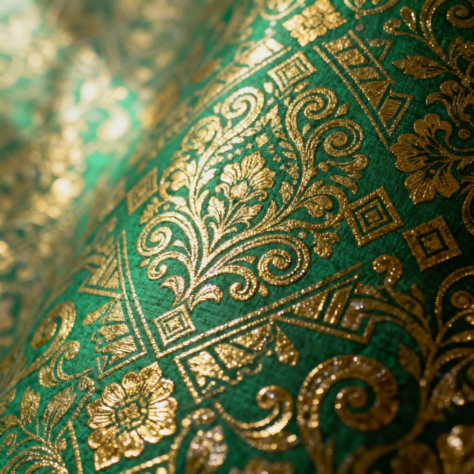 Emerald Green Wallpaper with Ornate Golden Blockprint Patter...
