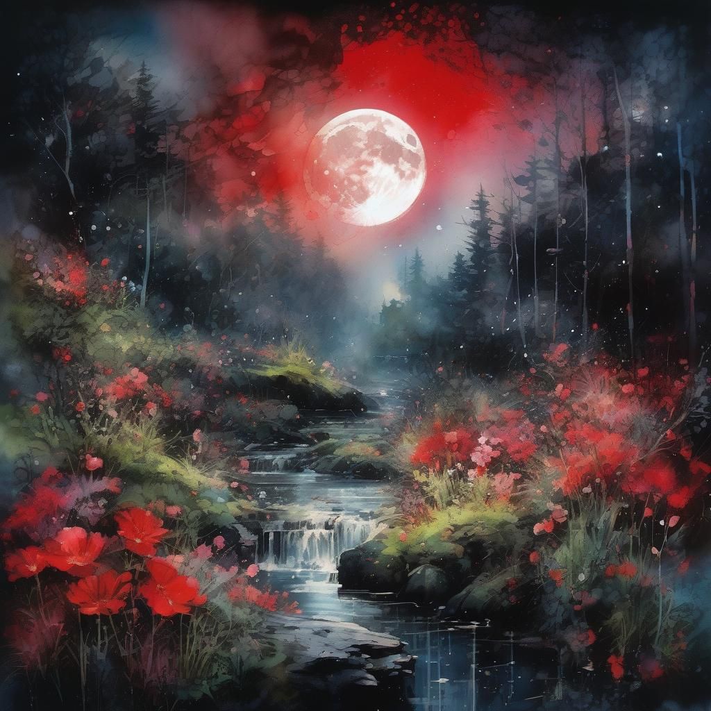 Lush Landscape with Ink Splatter Art Style