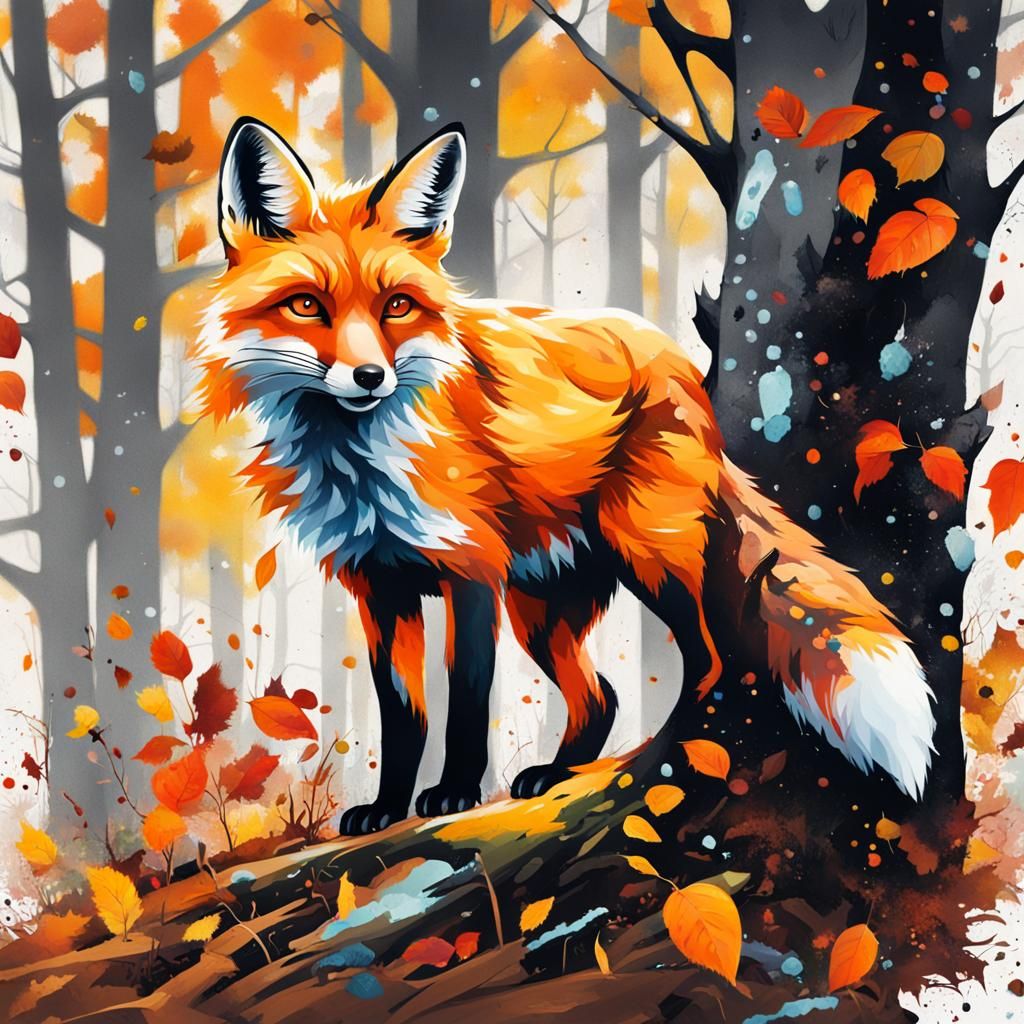 Fox Playing in Autumn Forest as Graffiti Art