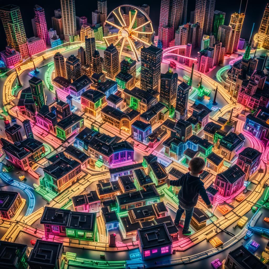 A child creates a city out of neon blocks, tinker toys, children toys
