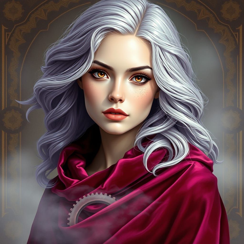 Artwork of attractive woman in raspberry clothing, platinum ...