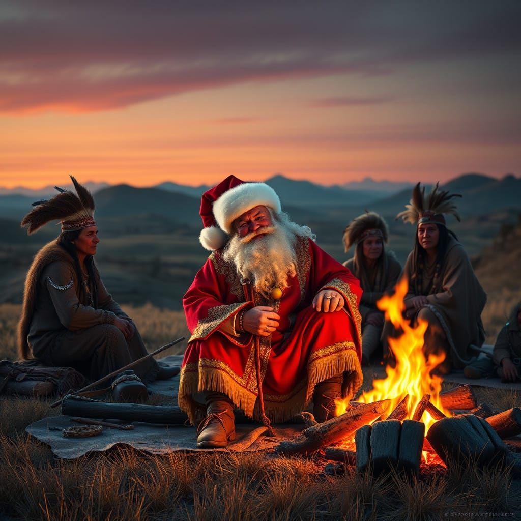 Majestic Santa Claus in Vibrant Red Caftan by Campfire in th...