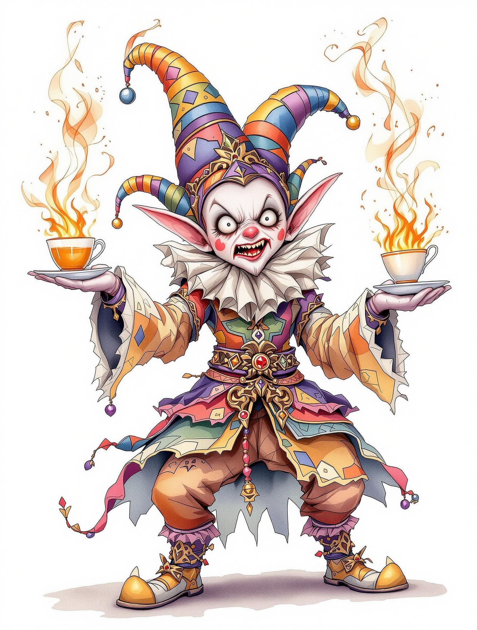 Jester Juggles Tea Cups in Whimsical High Fantasy Costume
