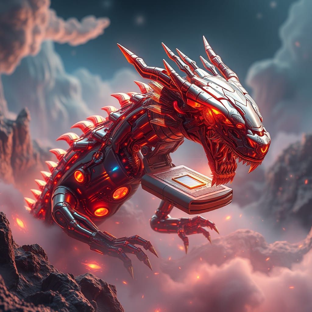 Robotic Dragon GPU Devouring Chip in Dreamscape