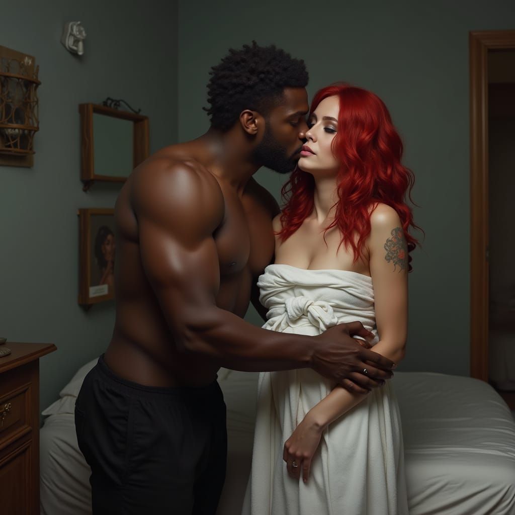 Passionate Kiss in Dimly Lit Bedroom Painting