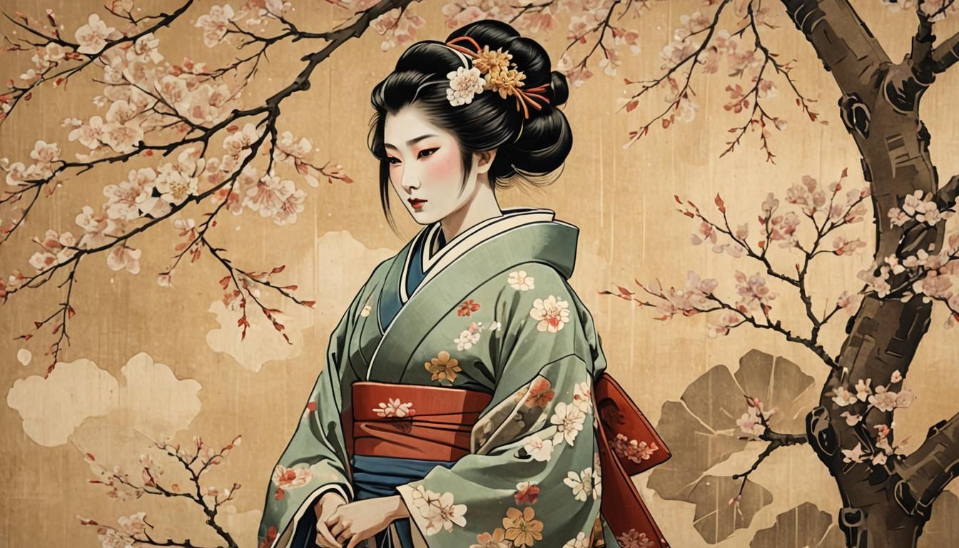 Geisha in Kimono: Traditional Japanese Ukiyo-e