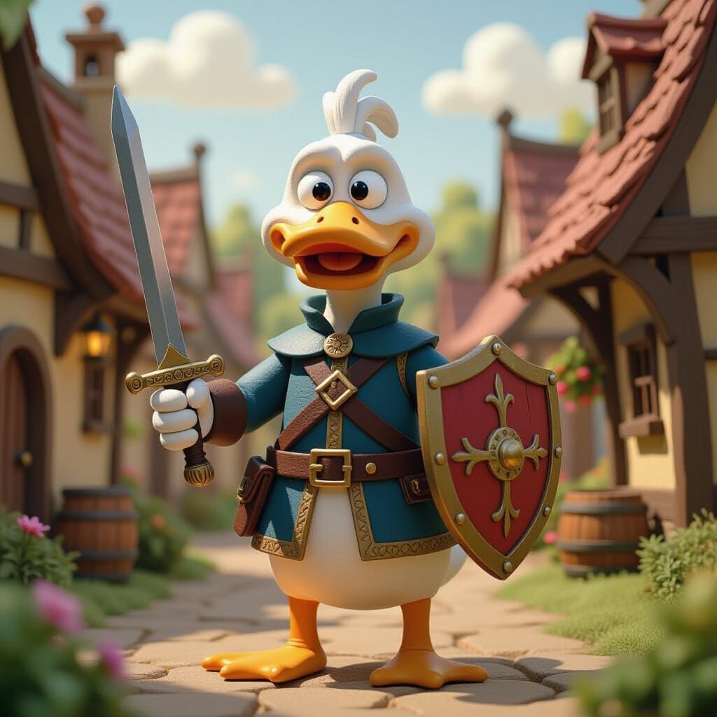 Claymation Duck Cavalier in Medieval Village, Aardman Style