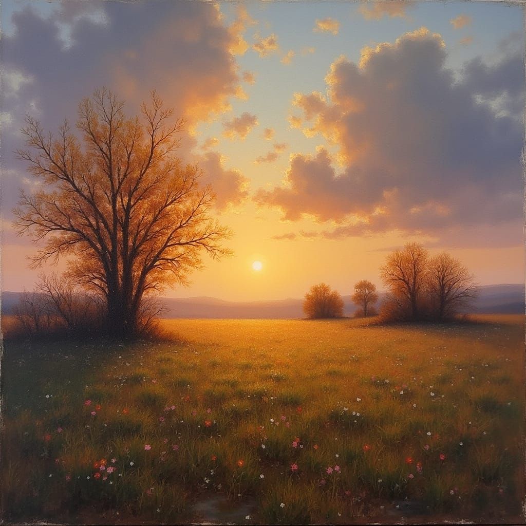 Impressionist Sunset Landscape with Deciduous Trees