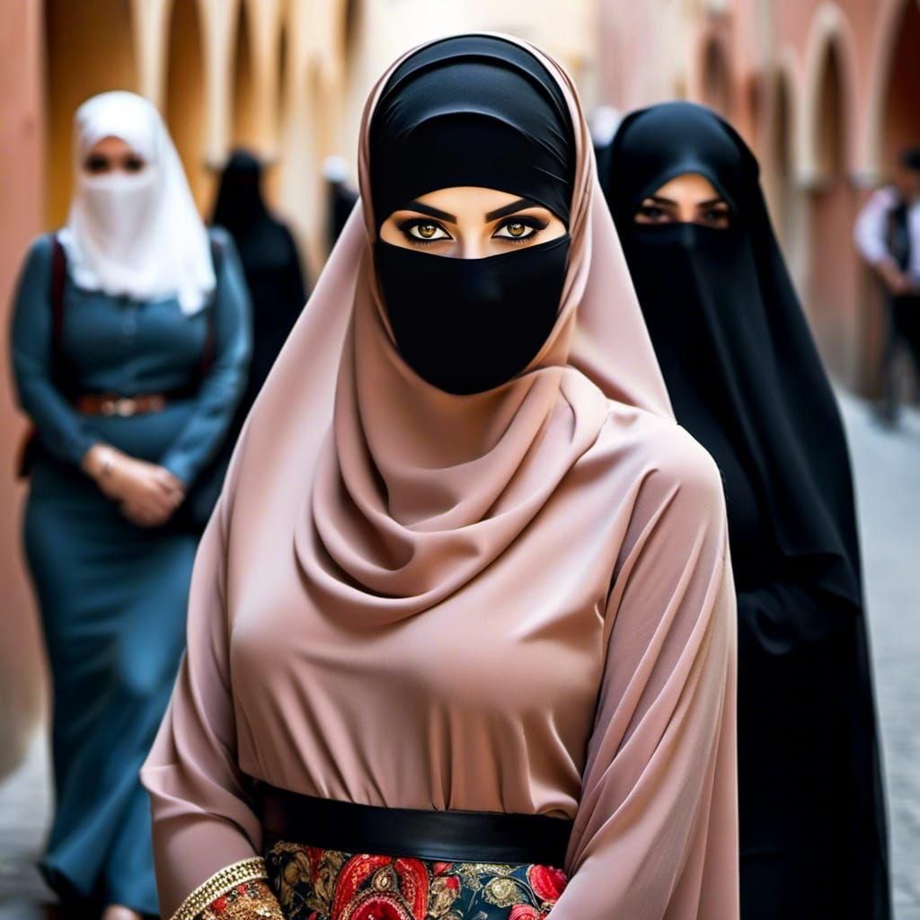Modest Niqabi Woman Walking in Modern Western City