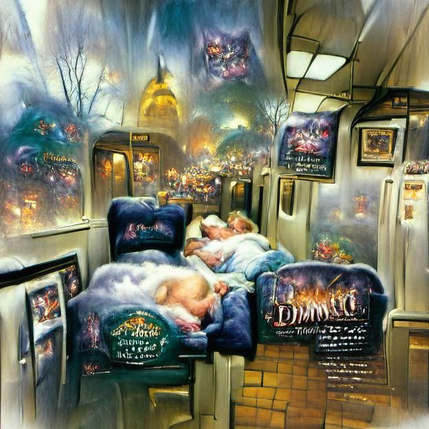 Demons Asleep on a Subway Train, Kinkade Style