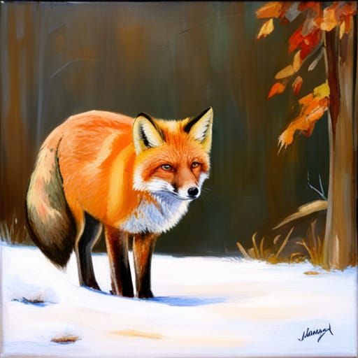 Red Fox in Snowy Autumn Landscape