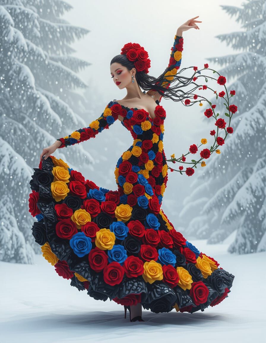 Rose Flamenco Dancer in Ethereal Winter Scene