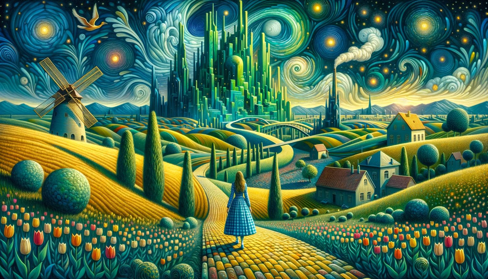 Surreal Emerald Cityscape Under Starry Night Sky
