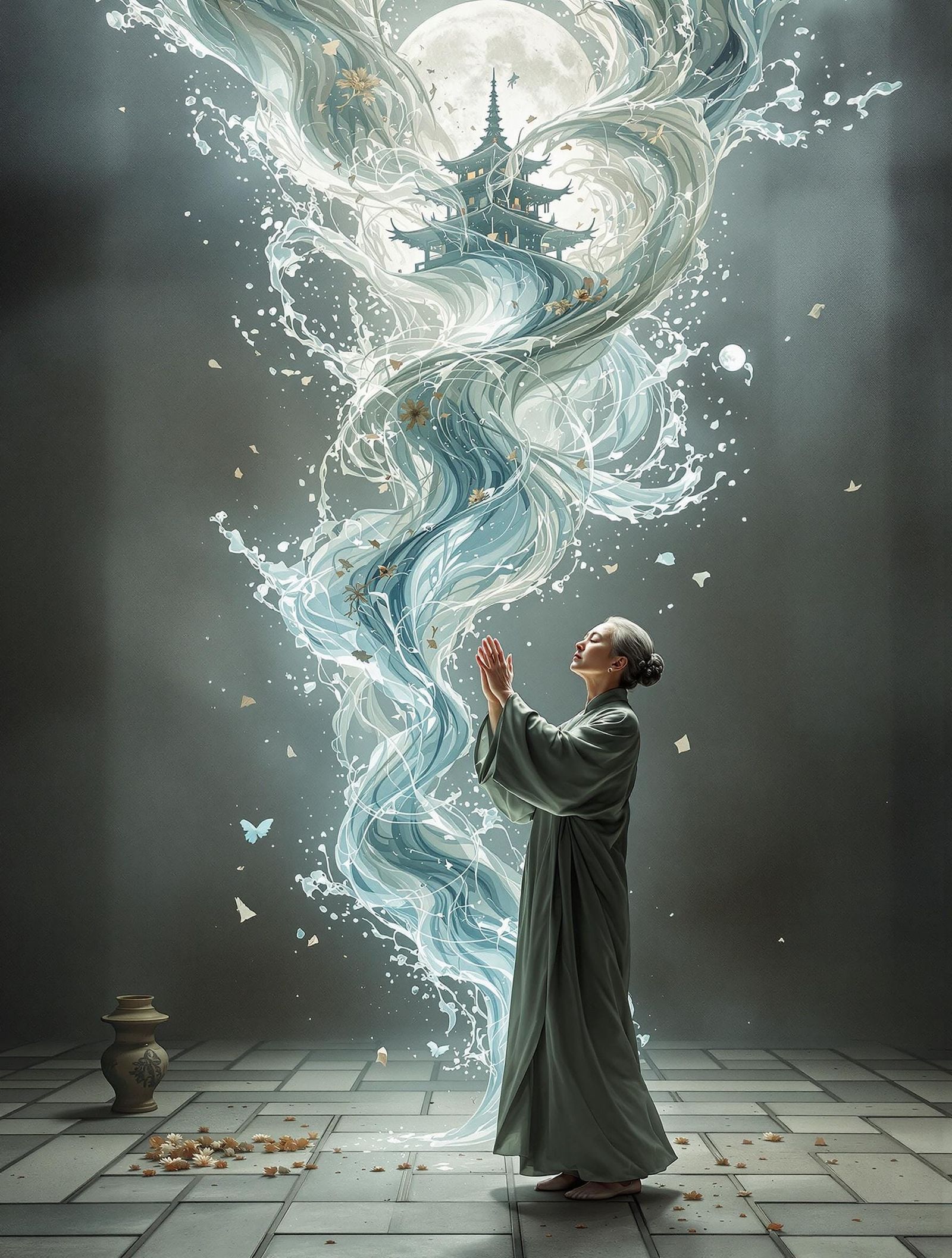 Grandmother's Meditation Creates Temple in Ink Painting