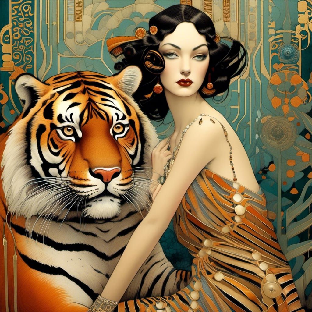 Woman and Tiger in Art Deco Style