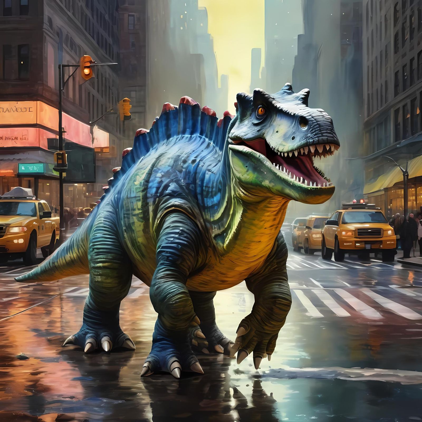 Spinotyrannosaurus visits New York.