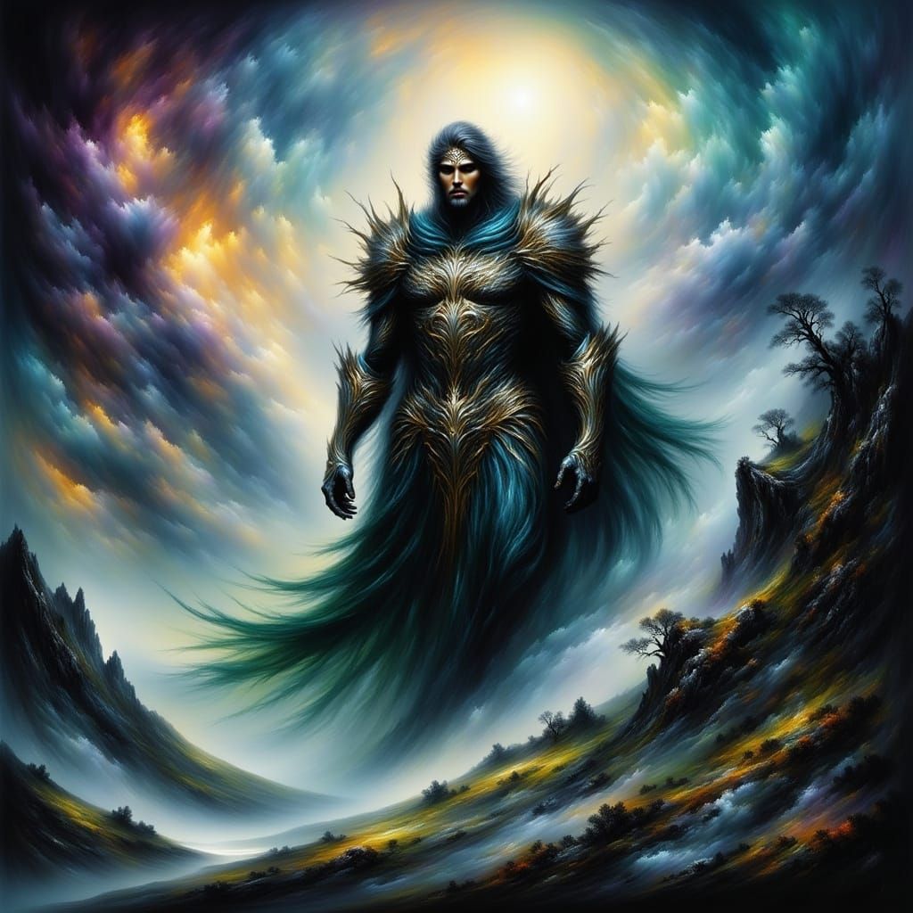 <lora:Spirit of Nature:1.0> purple and blue twisting through green mountain valleys as a heroic warrior comes towards th...