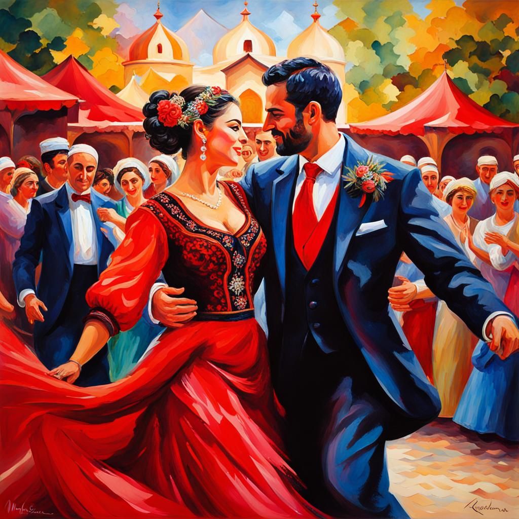 Albanian Wedding Dance in Gouache Style