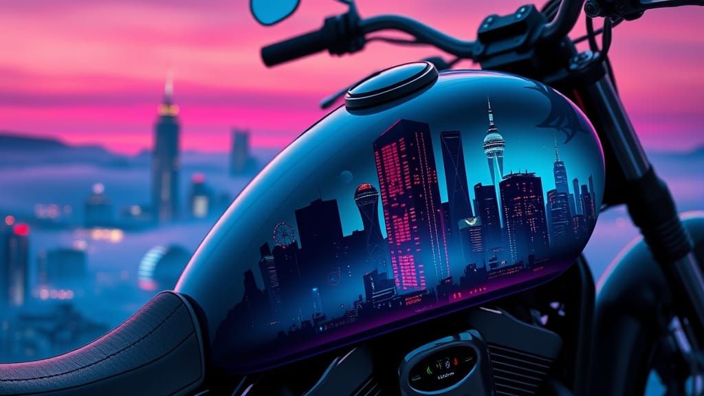 Futuristic Cityscape Airbrushed on Motorcycle Tank