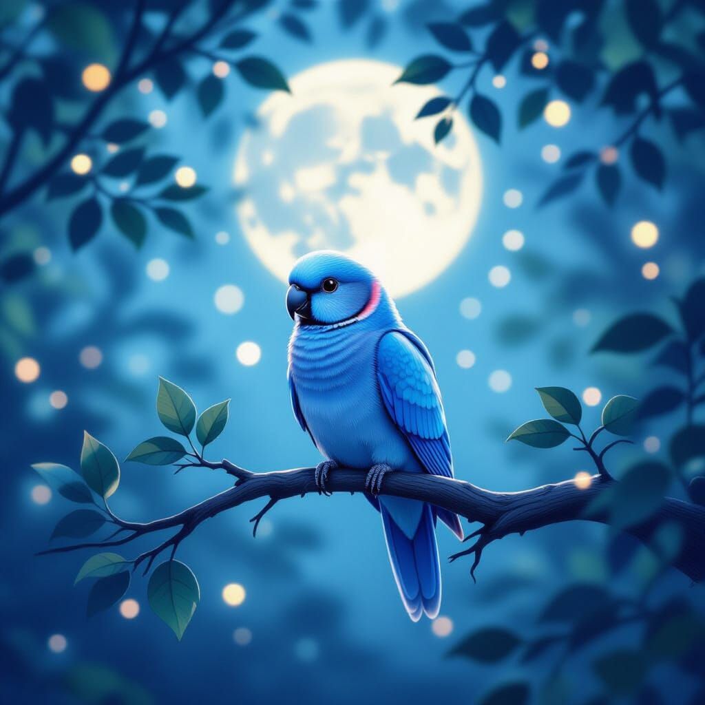 Tiny Blue Parrot in Enchanted Forest at Night