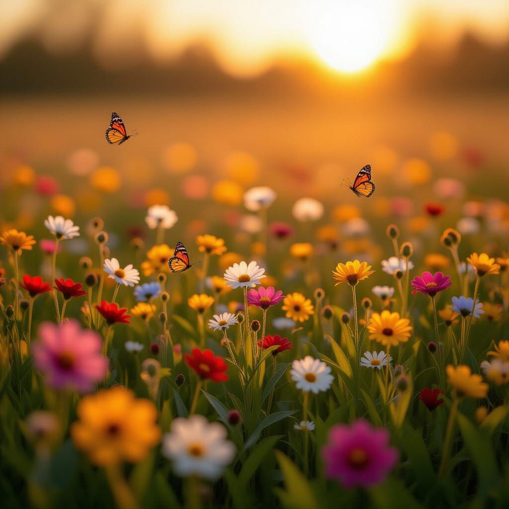 Vast Meadow of Vibrant Flowers in Golden Hour Light