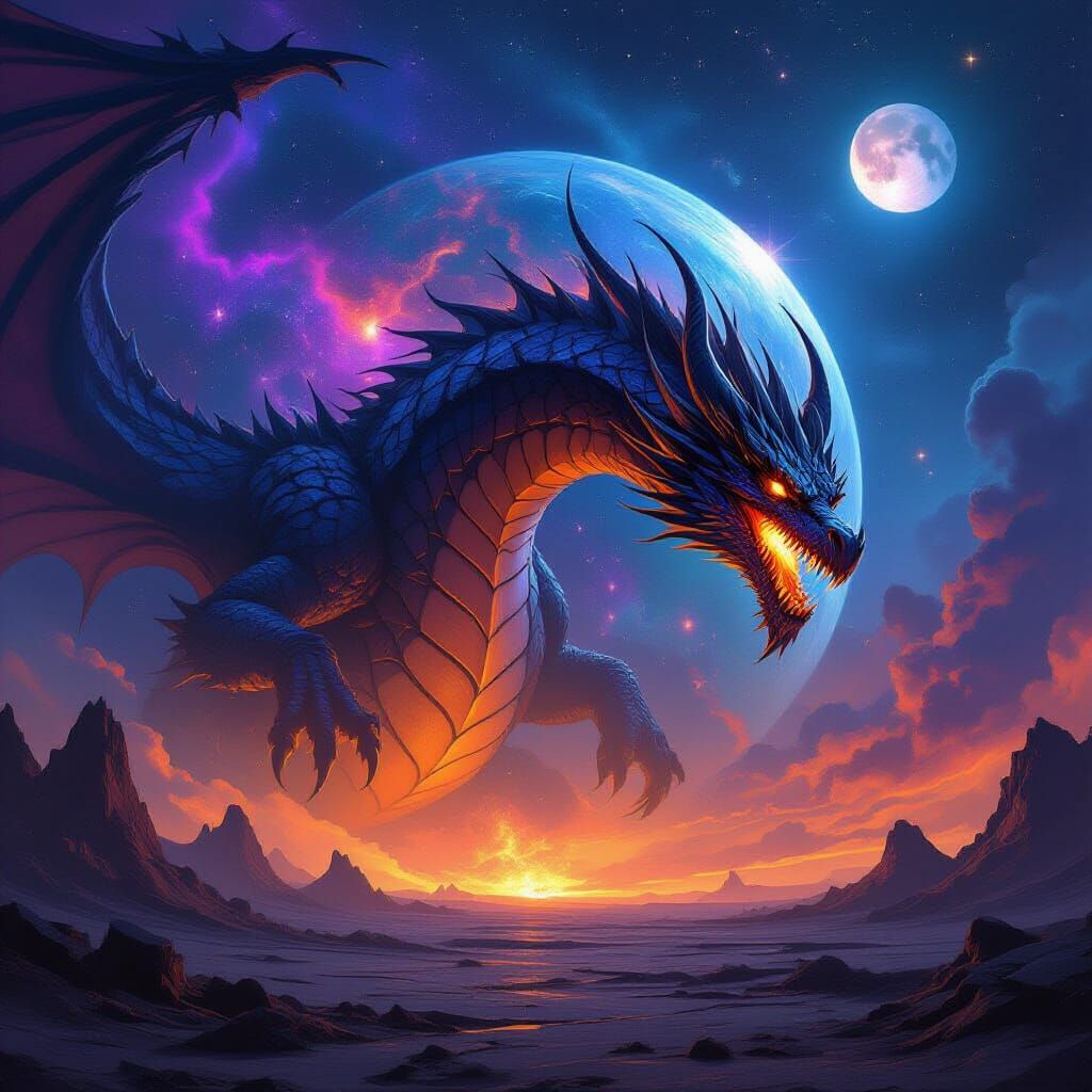 Cosmic Dragon Anchored to Alien Planet