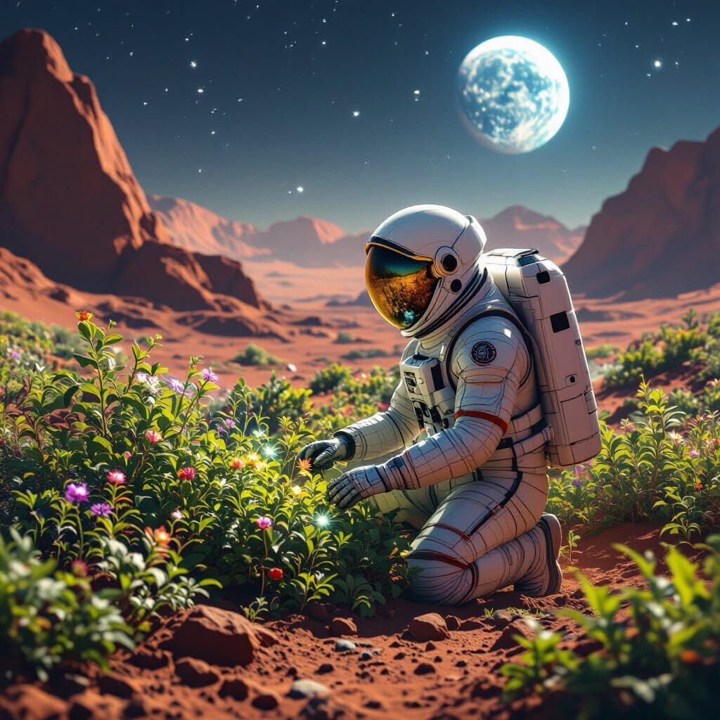 Astronaut's Alien Garden on Mars: Hyperrealistic Sci-Fi Art