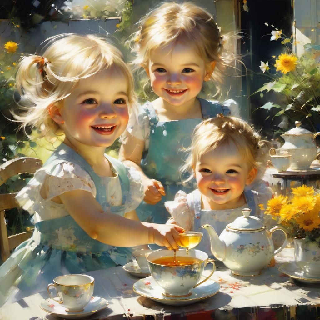 Joyful Toddlers' Tea Party: Fine Art Backyard Scene