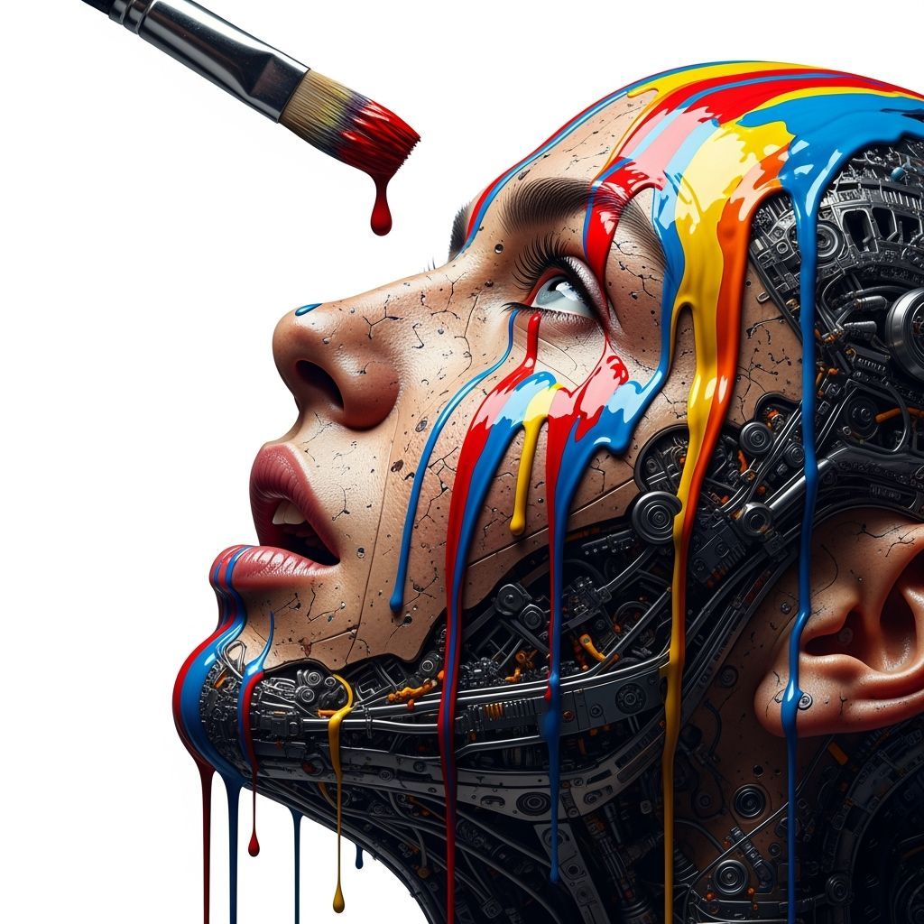 Surreal Cyborg Portrait with Dripping Paint