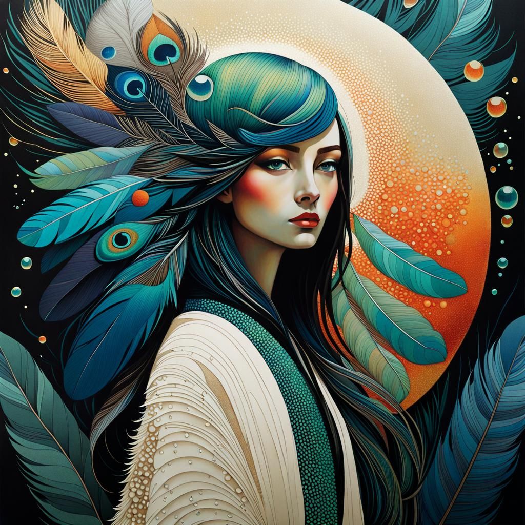 Feathered Woman Portrait in Prismatic Colors