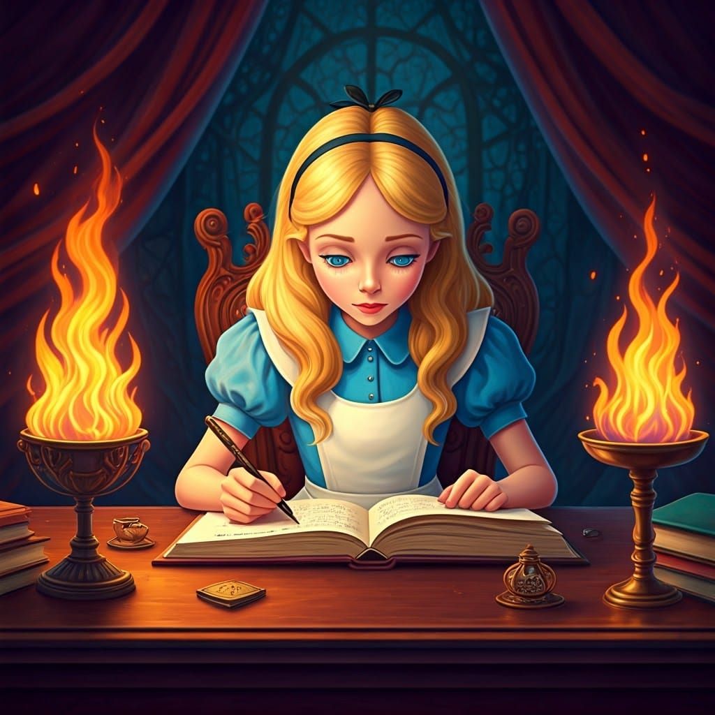 Alice Writing Surrounded by Flames: Dreamlike Art