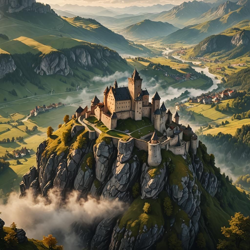 Dramatic Medieval Castle Landscape Painting at Golden Hour