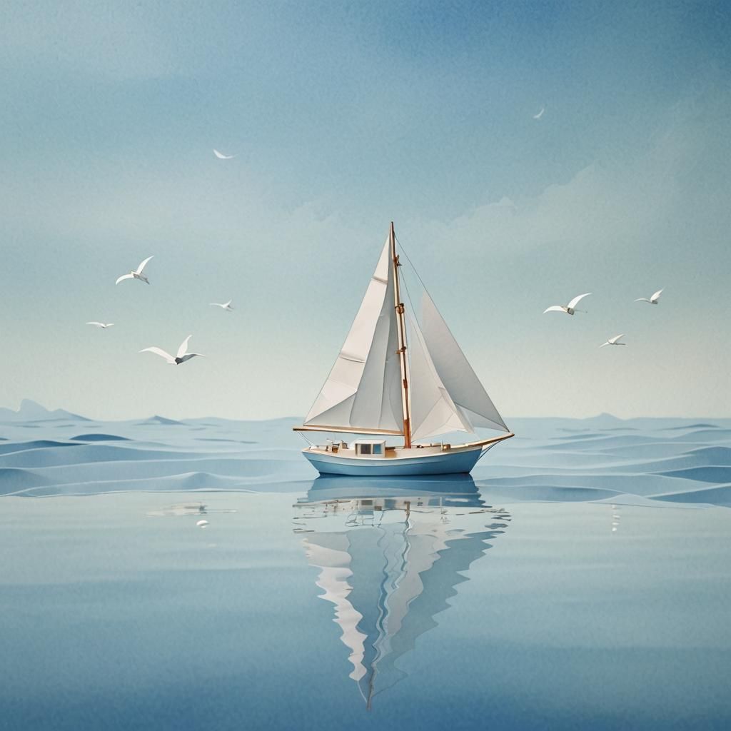 White Sailboat on a Light Blue Sea as Watercolor Papercraft