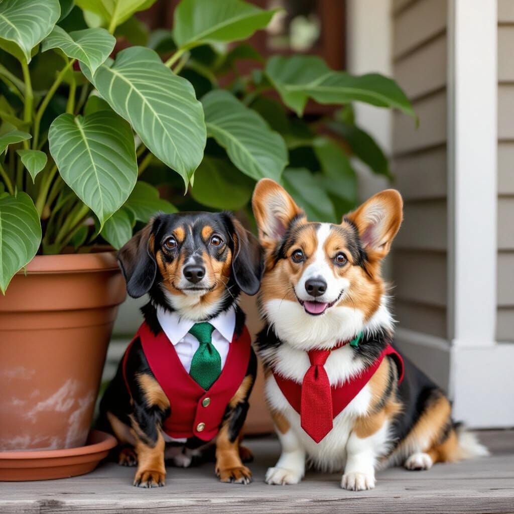 Dachshund and Corgi in Matching Vests, Potter Style