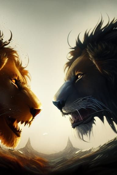 Dire Wolf Lion Face-Off in Dark Fantasy Style