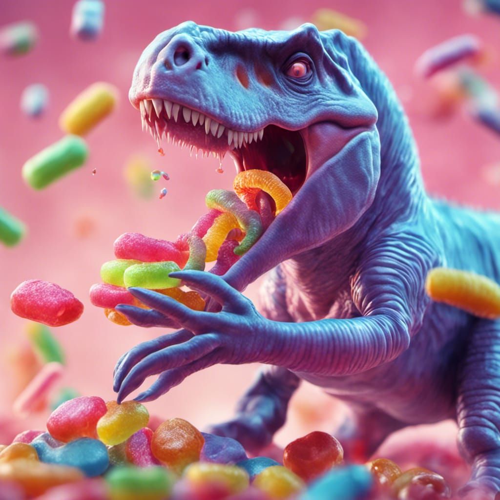 Candy-Striped T-Rex Eating Gummy Worms in Space