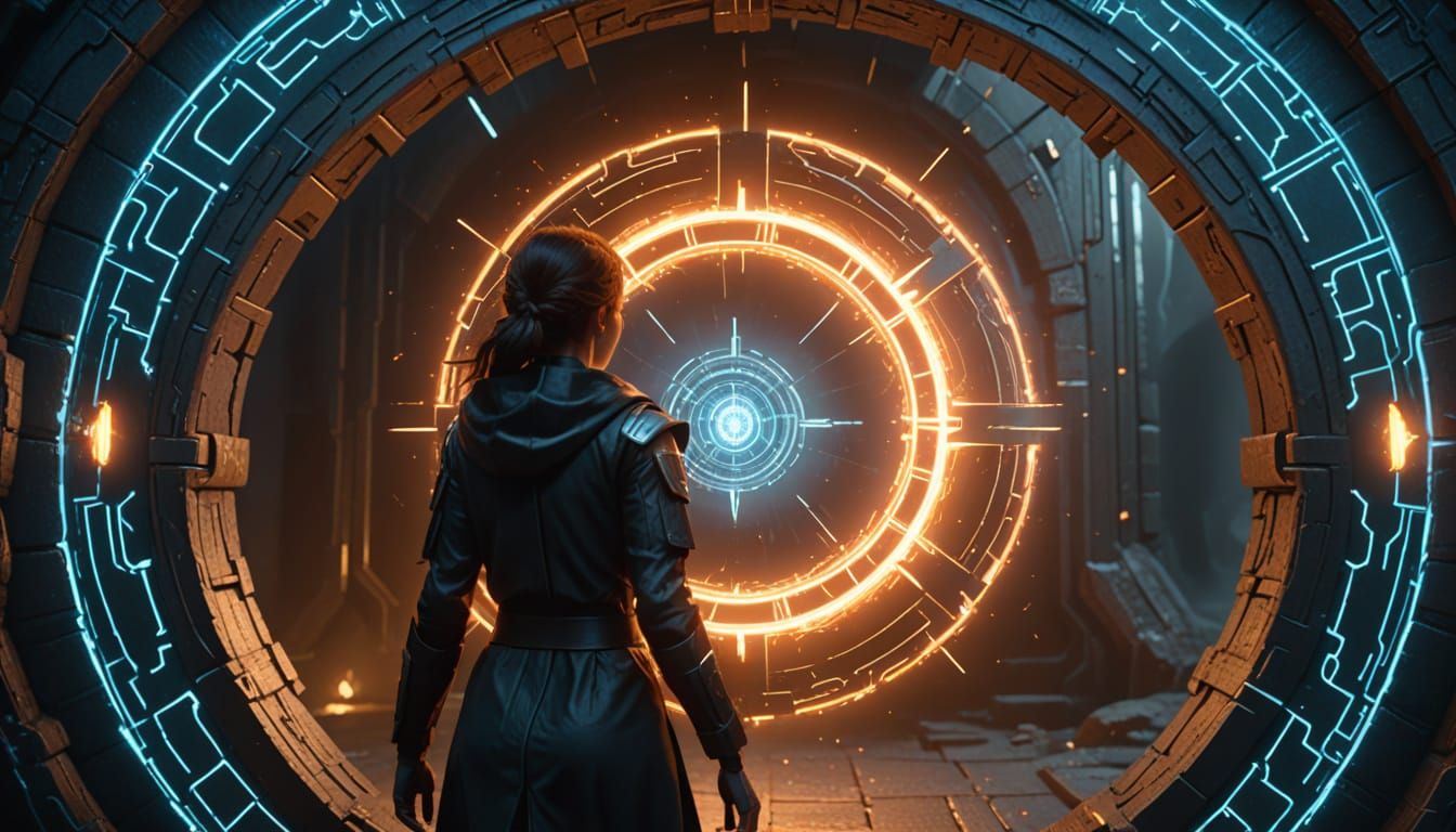 Woman Walks Through Portal in 3D Game Style