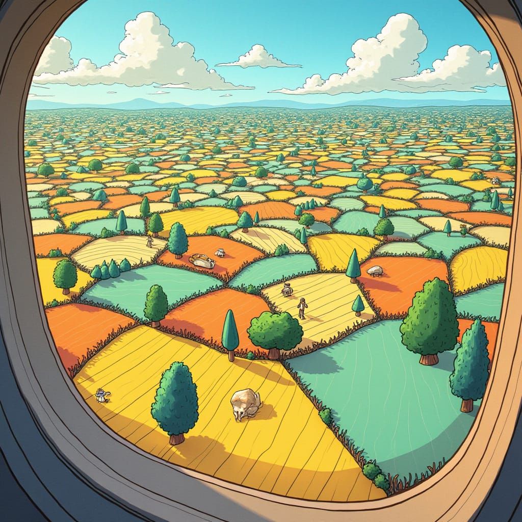 Patchwork Landscape from Airplane in Naive Art Style