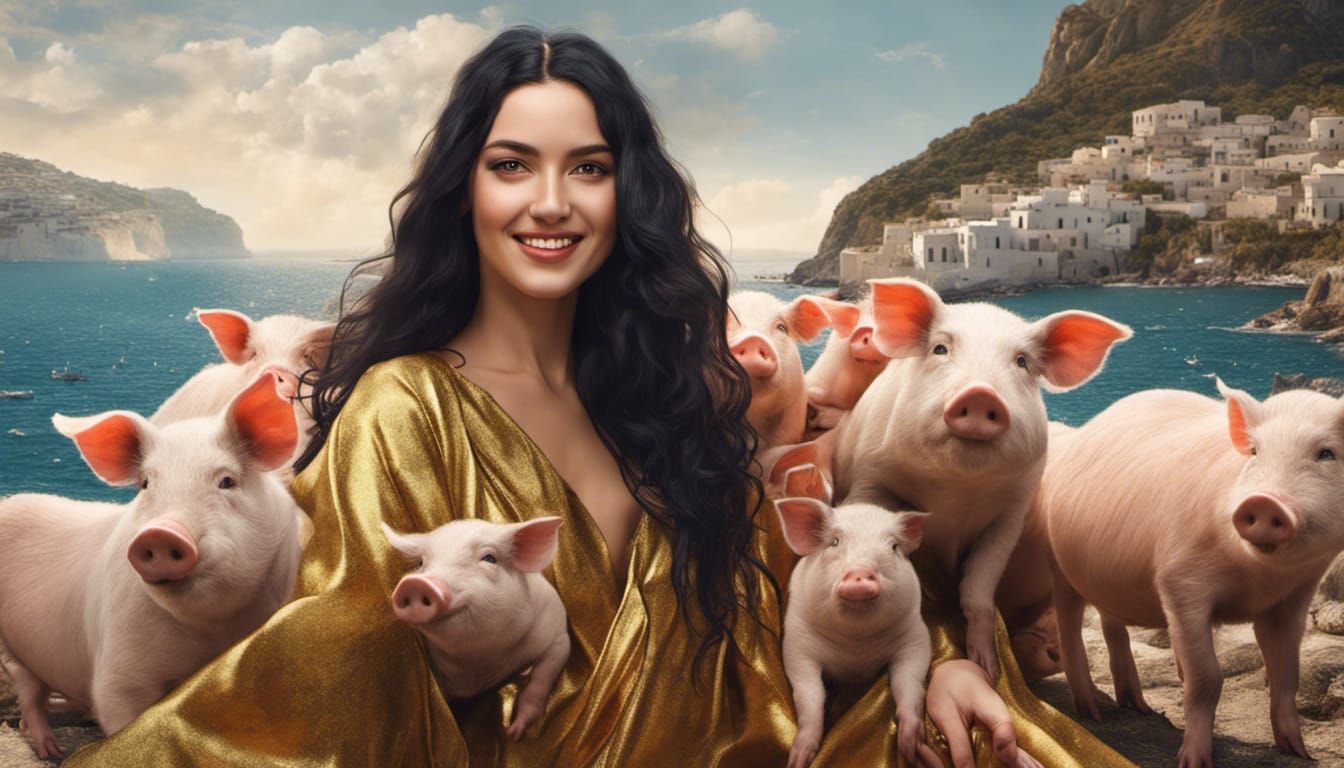 Woman's Selfie on Greek Island with Pigs
