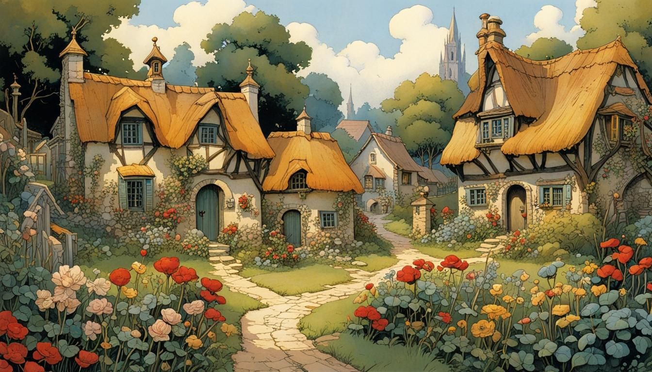 Charming Village Scene Inspired by Classic Illustration